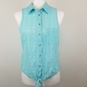 Guess Laser Cut Sleeveless Blue Front Tie Top
